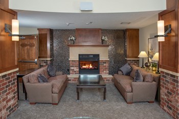 Lobby fireplace and seating area